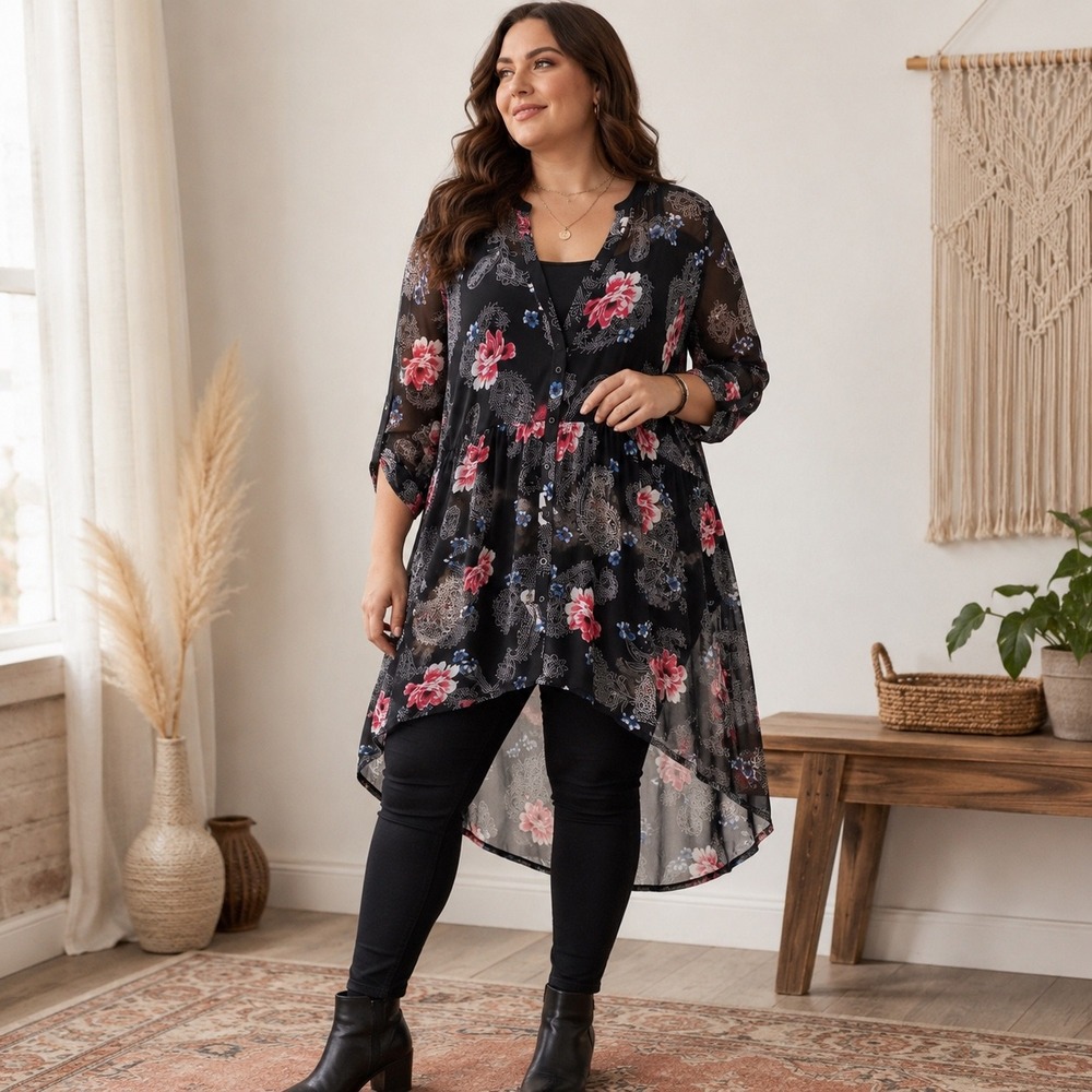Torrid Floral Paisley Sheer Chiffon Hi Low Button Front Tunic Size 2 18/20